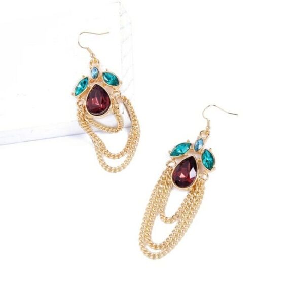 Red Green Crystal Floral Leaf Chain Gold Hook Dangle Statement Earrings - Picture 7 of 10